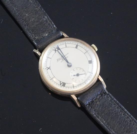 A gentlemans 1950s 9ct gold J.W. Benson manual wind wrist watch,